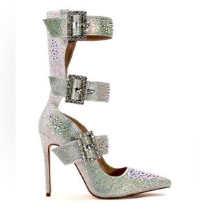 Azalea Wang Silver Rhinestone Embellished Adjustable Buckle Lace Up Pump
